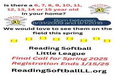 🥎 Reading Softball Little League Registration Ends 1/15