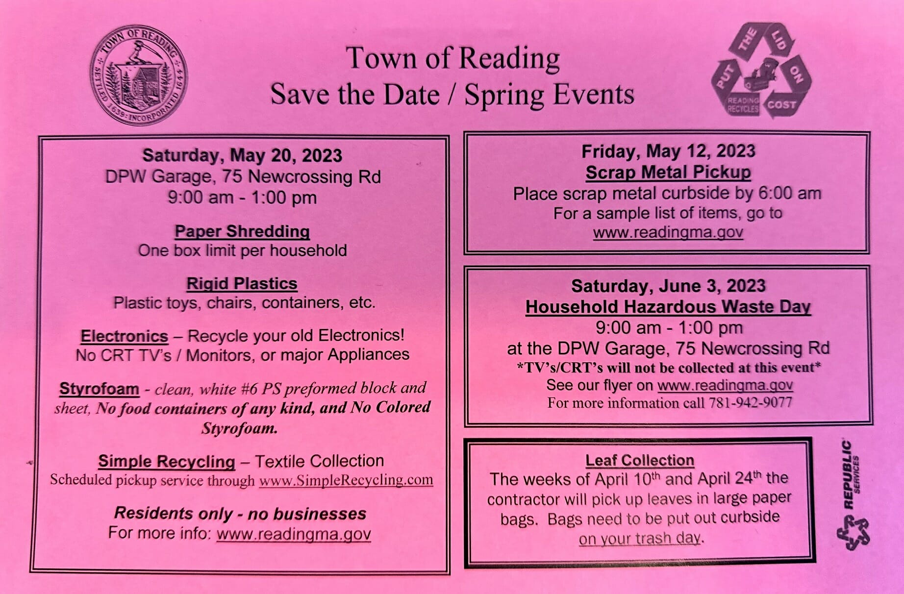 Town of Reading Spring Events