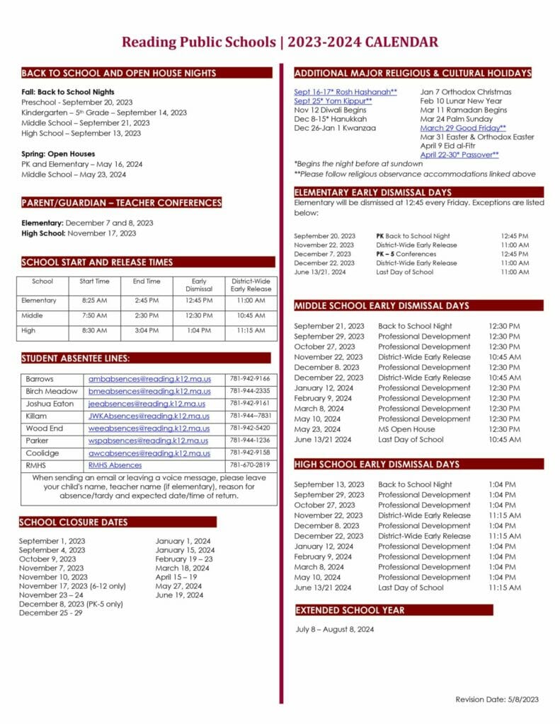 Recapping Everything in Reading, MA 2023 2024 RPS District Calendar