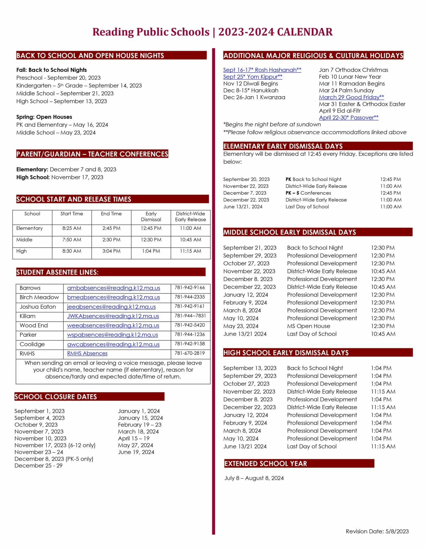 Recapping Everything in Reading, MA 2023 2024 RPS District Calendar