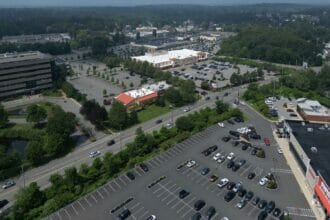 Aerial view of Walkers Brook Drive in July 2023