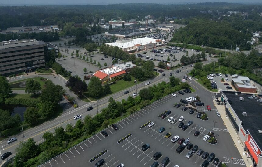 Aerial view of Walkers Brook Drive in July 2023
