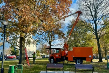 DPW crews seen hanging the holiday lights around Reading this week.