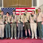 From left to right: John Meyers, Wyatt Meyers, Victor Villarreol, Nicholas Belous, Brendan Manning, Thomas O’Brien, Sean Murphy, Ian Nelson. Photo by: Friends of Reading Scouting