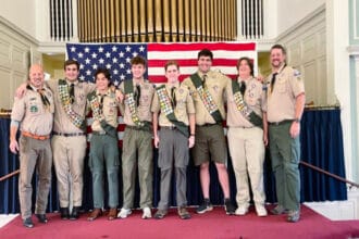 From left to right: John Meyers, Wyatt Meyers, Victor Villarreol, Nicholas Belous, Brendan Manning, Thomas O’Brien, Sean Murphy, Ian Nelson. Photo by: Friends of Reading Scouting