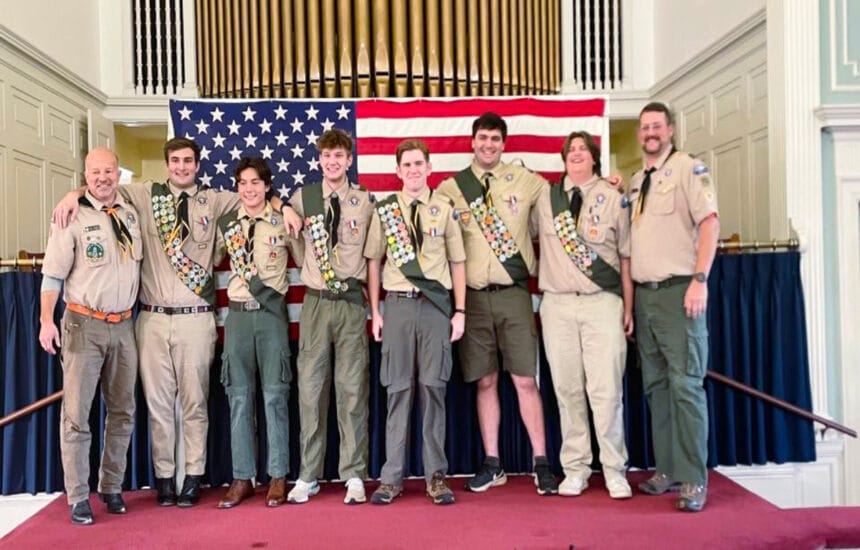 From left to right: John Meyers, Wyatt Meyers, Victor Villarreol, Nicholas Belous, Brendan Manning, Thomas O’Brien, Sean Murphy, Ian Nelson. Photo by: Friends of Reading Scouting