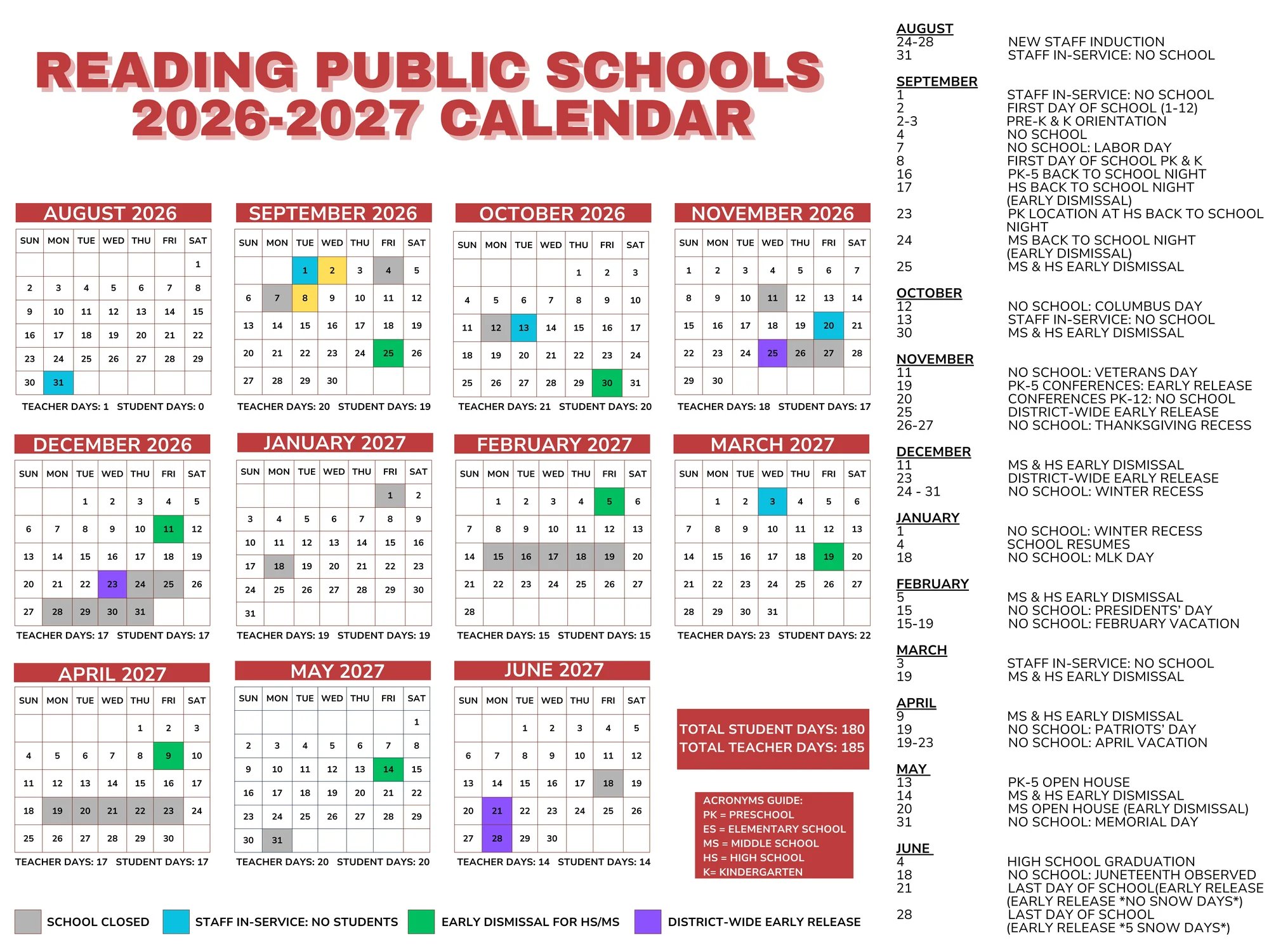2026-2027 Reading Public Schools calendar: month-by-month grid with closures, staff in-service days, early dismissals, and district-wide early releases