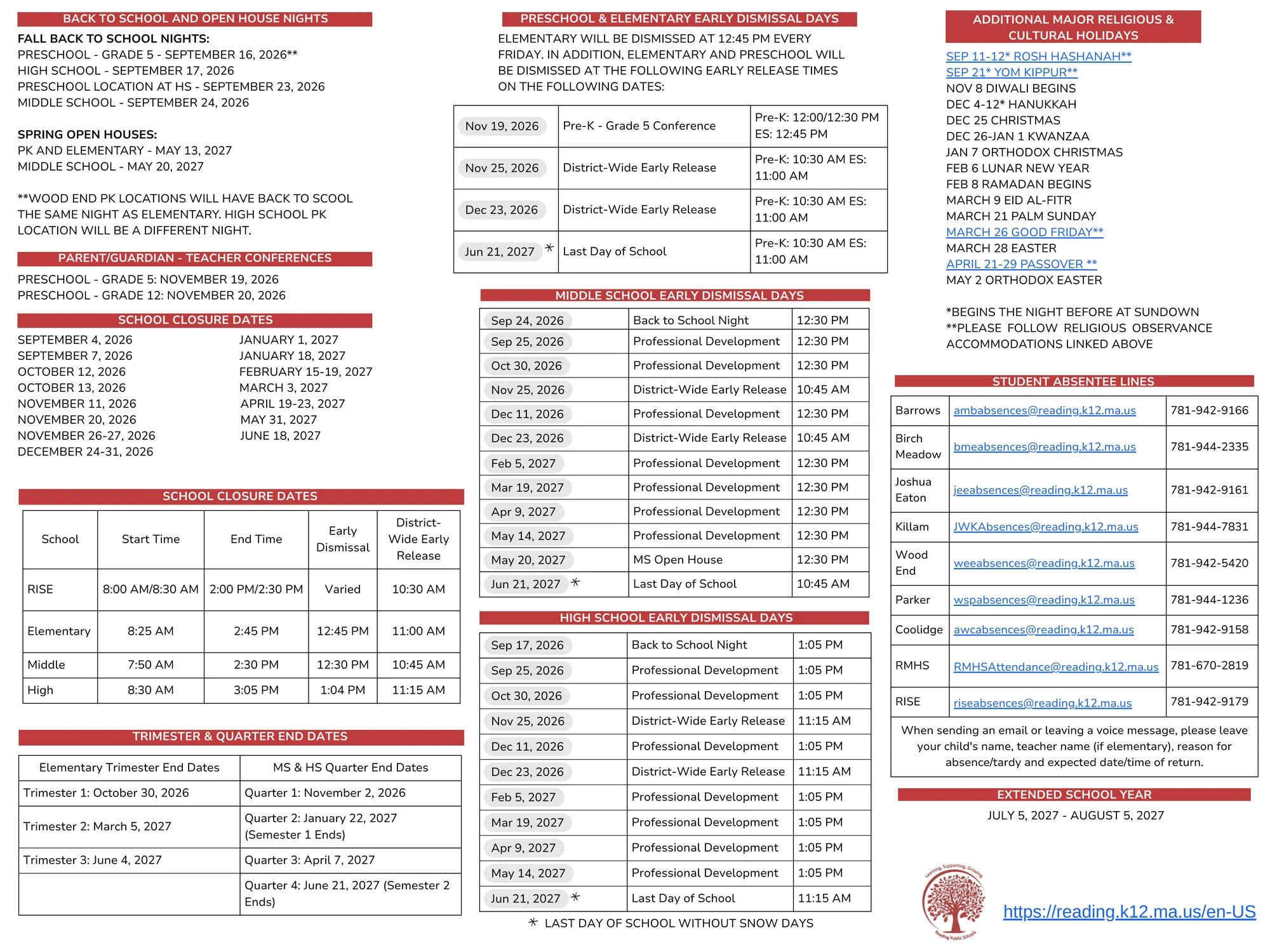 2026-2027 Reading Public Schools calendar details: back-to-school nights, conferences, closure dates, early dismissal times, religious and cultural holidays, and student absentee lines