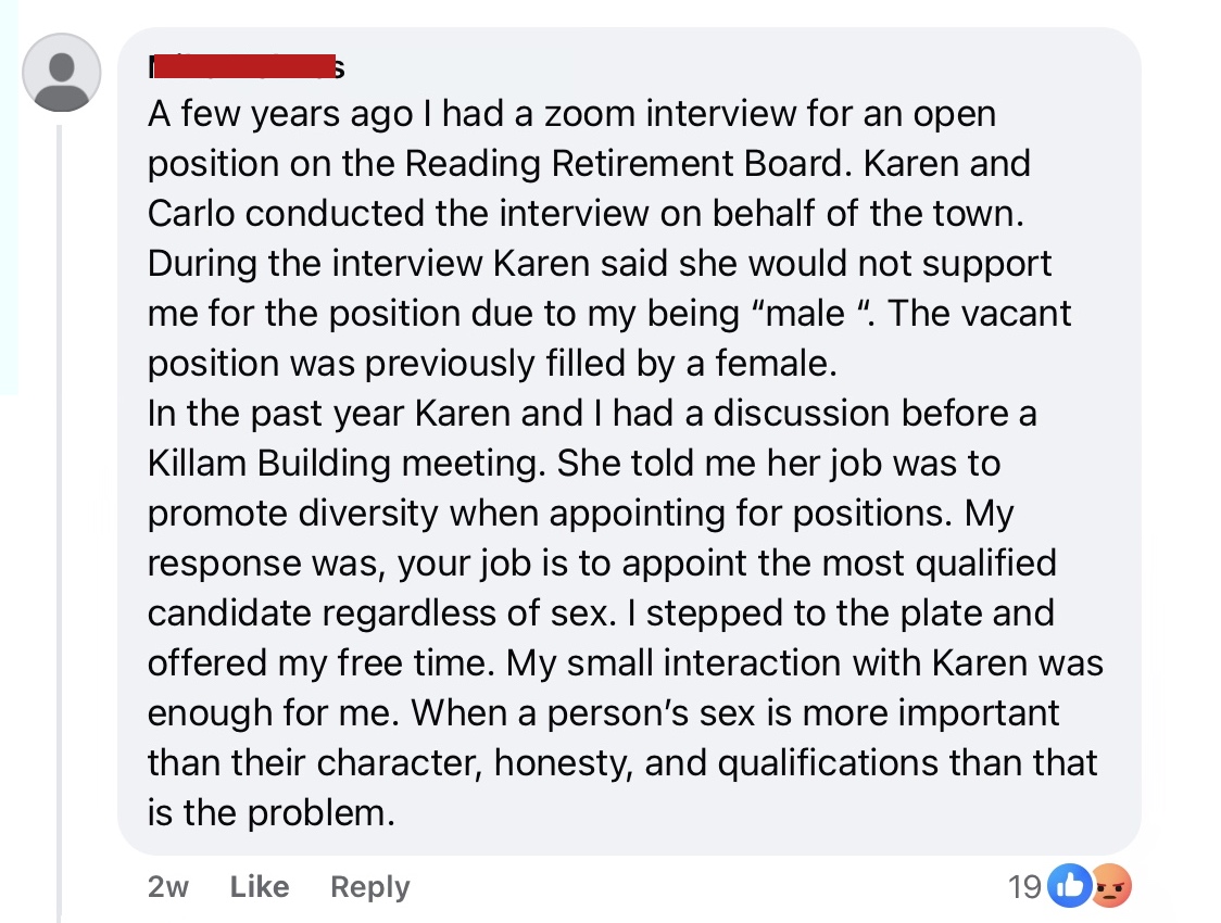 A comment in a Facebook group alleging discrimination that was made when someone reported on the most recent incident